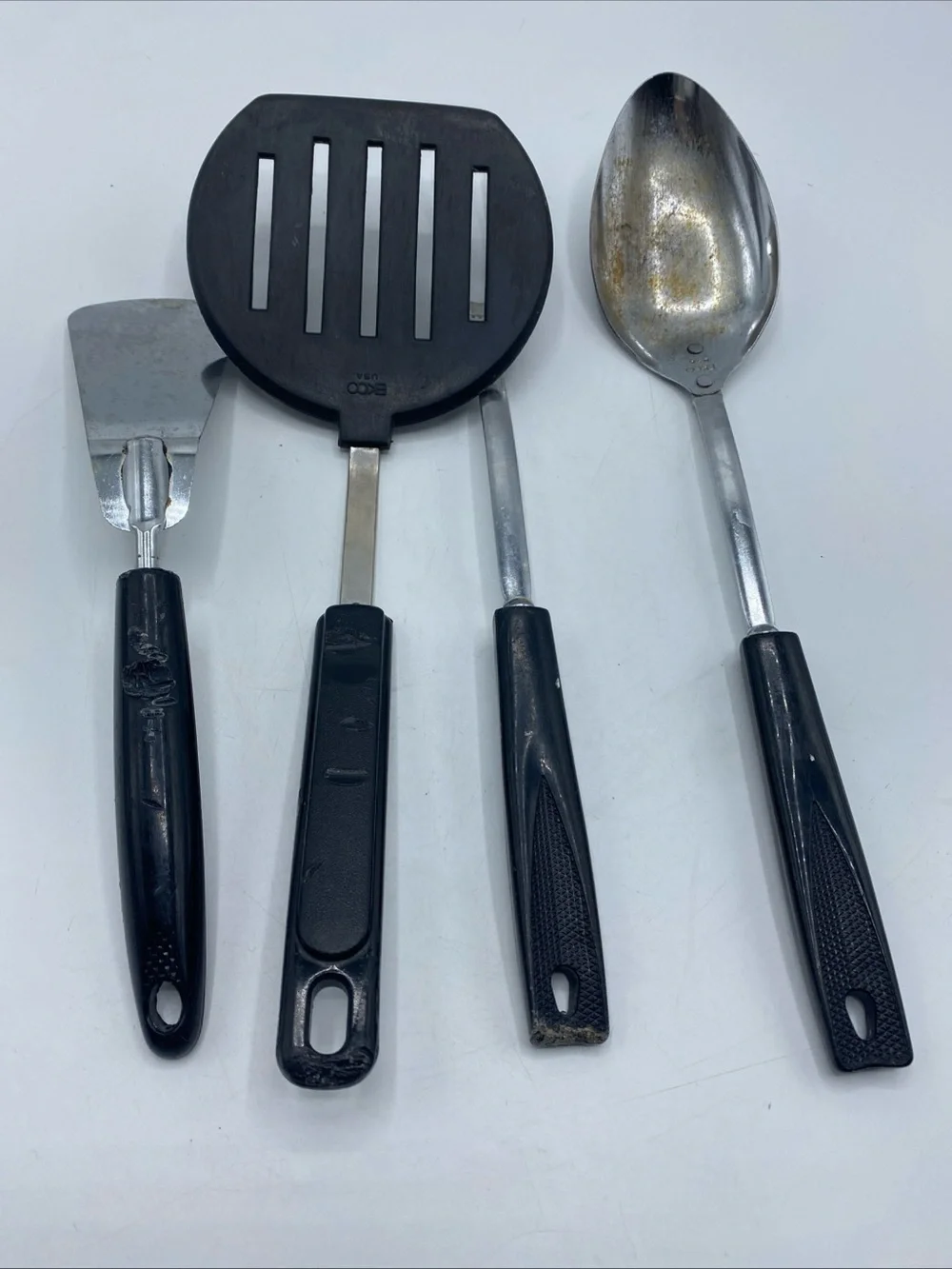 Vintage EKCO Stainless USA Kitchen Utensil Set 4 Black Handles Spatula Fork